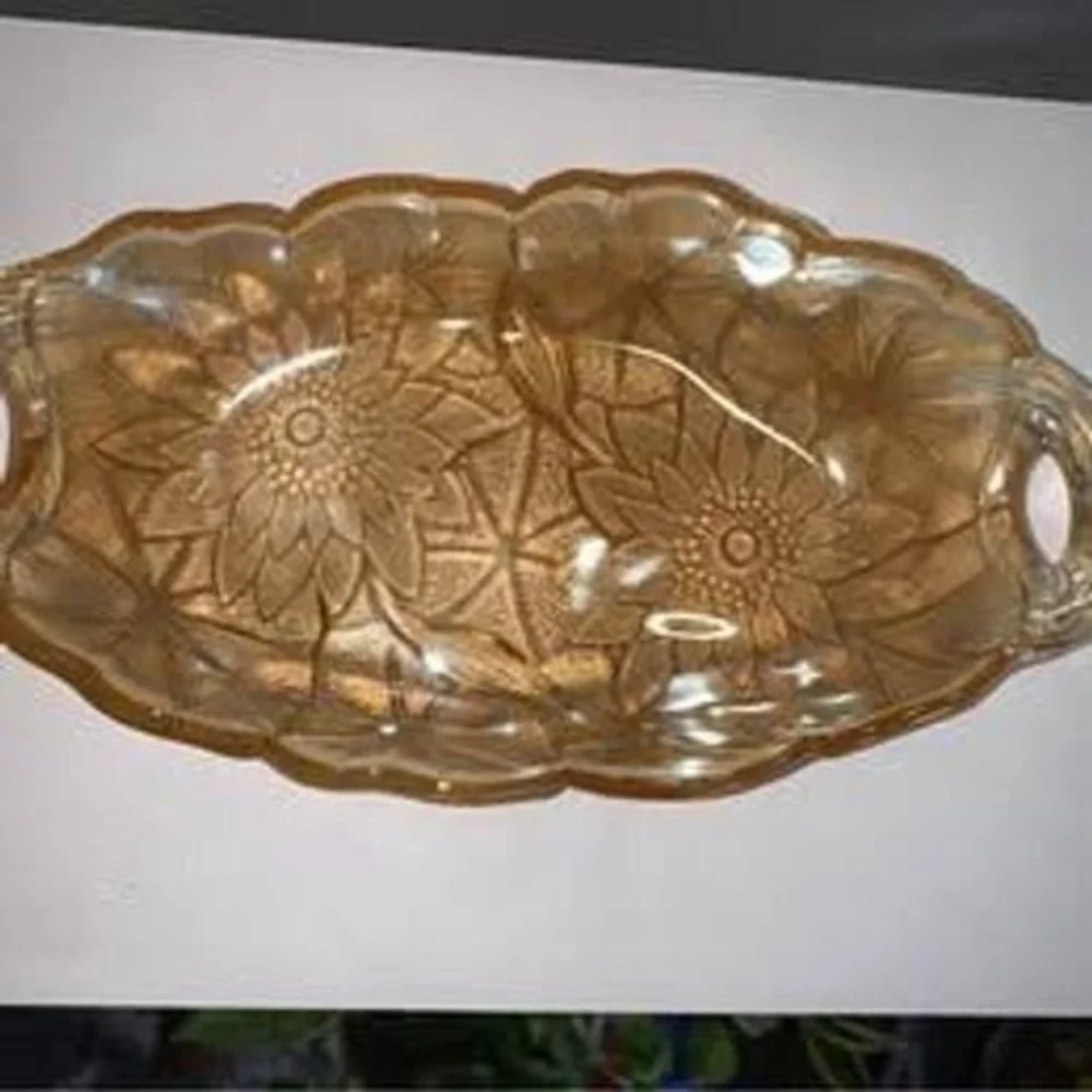 Vintage Indiana Glass Lily Pons Carnival Glass Relish Dish Marigold Sunflower